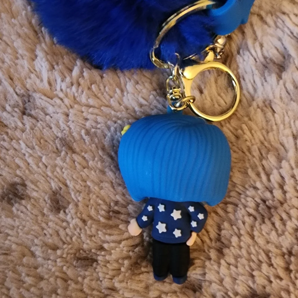 Coraline Blue Shirt Star Blue Pom Pom Key Holder with Character Charm Beaded